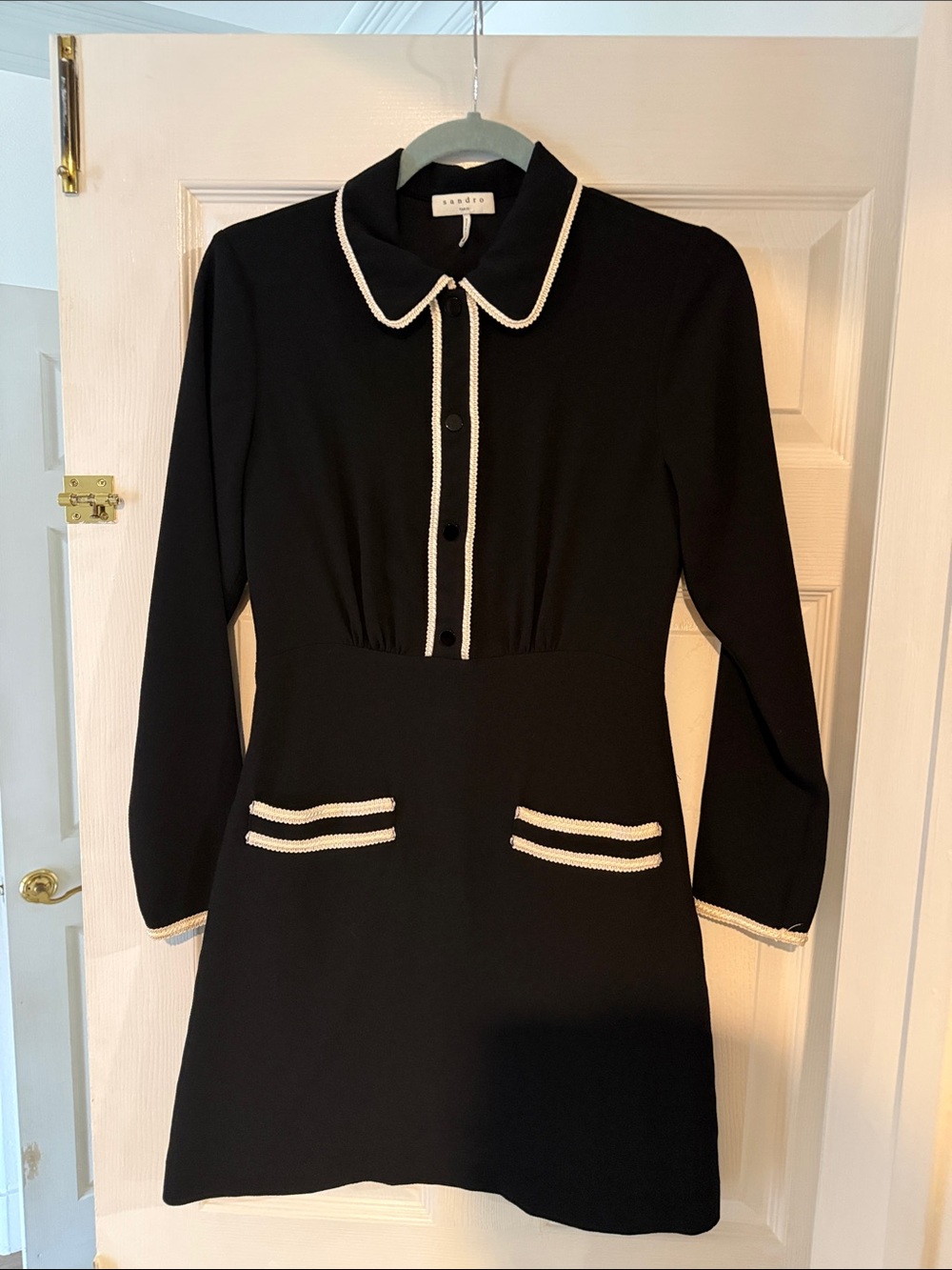 Sandro Black Long-Sleeve Shift Dress with Cream Trim